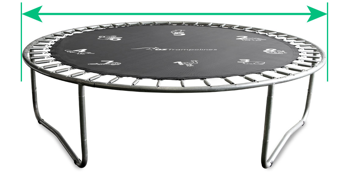 An above-ground round trampoline viewed from an angle, showcasing its frame, springs, and black jumping mat with numbers